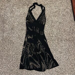 Vintage La Belle Black and Gold Swirl Backless Asymmetrical Dress